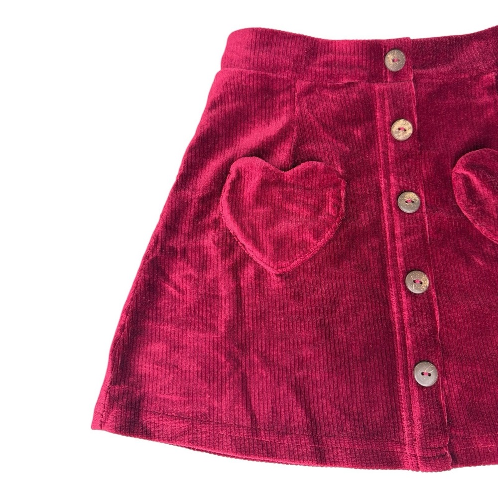 Shosho Girls Corduroy Skirt Size 6/6X Burgundy Red Heart Pockets Button Front - Picture 2 of 6